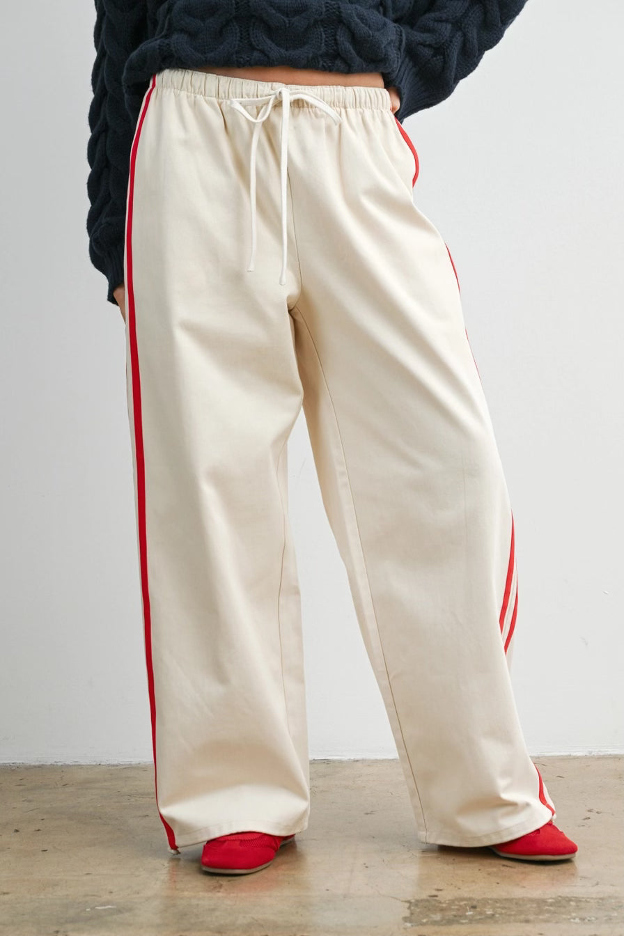 Cotton Striped Wide-Leg Drawstring Track Pants Ivory/Red