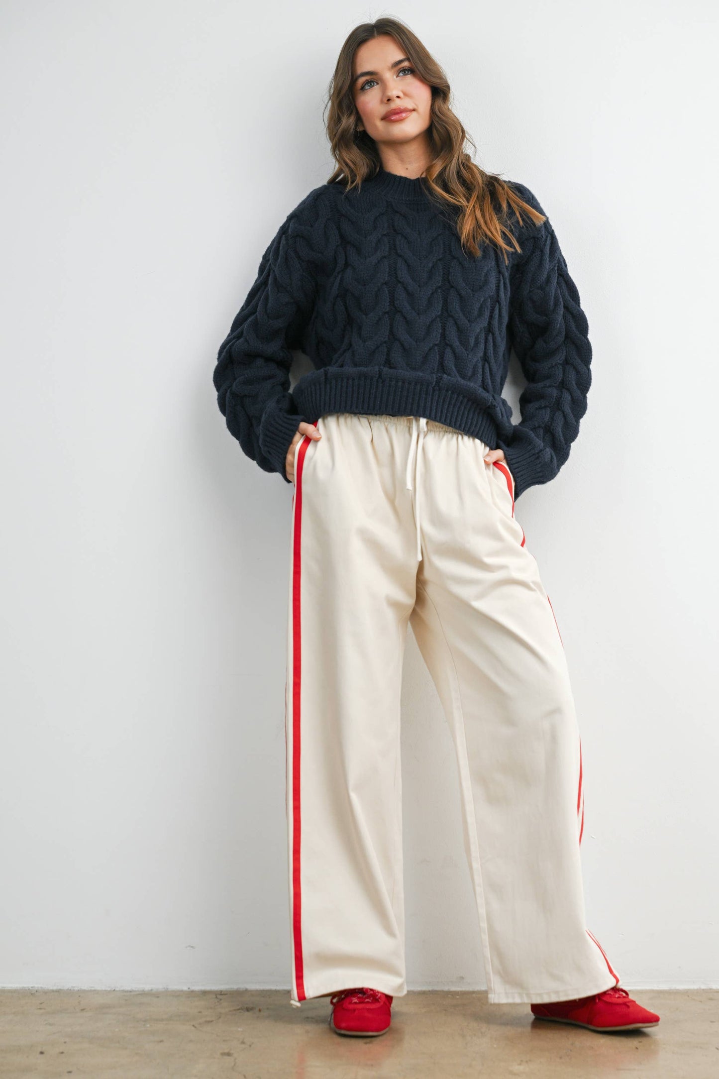 Striped Wide-Leg Drawstring Track Pants Ivory/Red