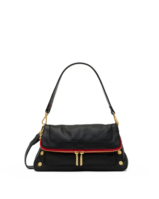 Hammitt Beverly Med Black Pebble/Brushed Gold Red Zip