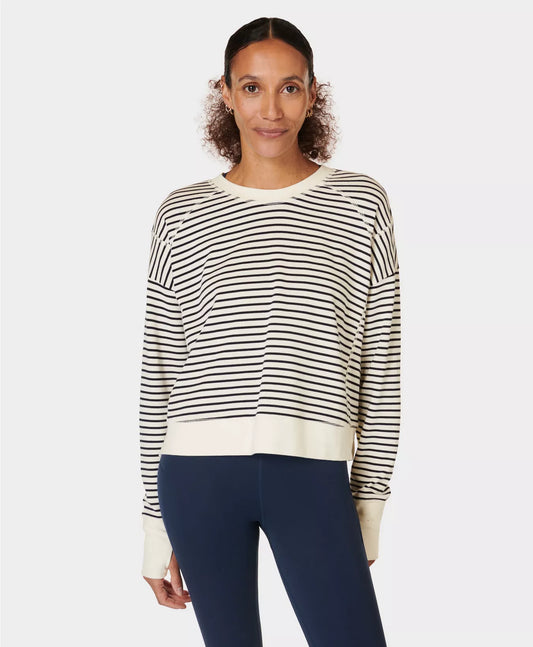 Sweatty Betty After Class Crop Sweater Lilly White/Sabel Brown Stripe