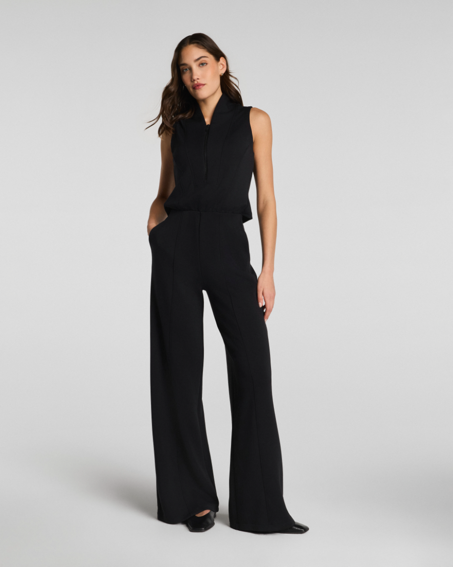 Spanx AirEssential Pintuck Half-Zip Jumpsuit - Black