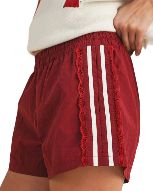 Cloud Ten Side Lace Trim Game Day Shorts - Burgundy